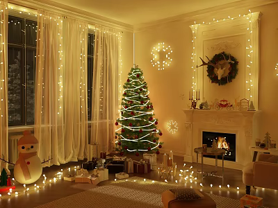 Cozy Christmas Living Room With Decorated Tree Fireplace String Lights And Gifts 3d model
