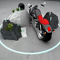 Black Motorcycle With Red Seat Near Rocks And Green Plants With Blue Halo