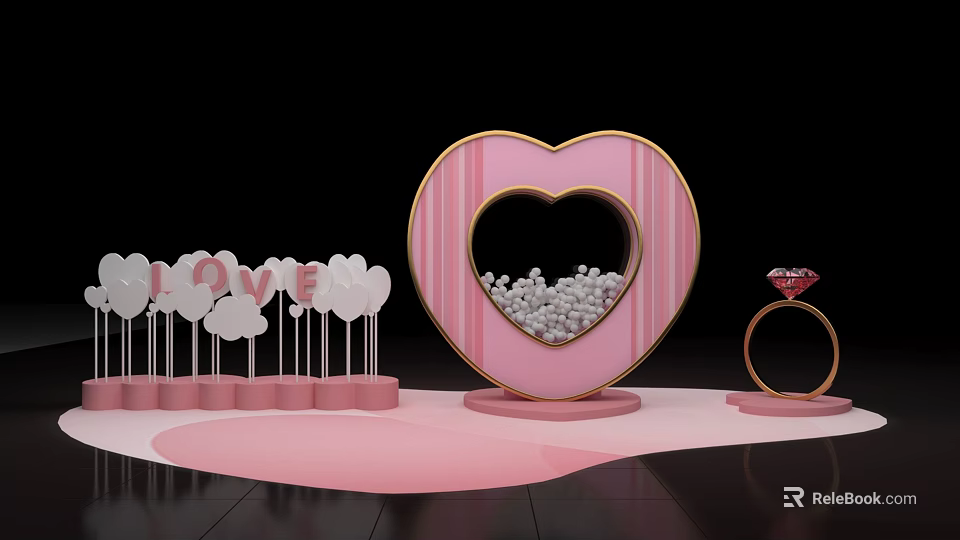 Romantic Heart Shaped Decoration With I LOVE Letters White Beads Pink Base And Diamond Ring 3d model 