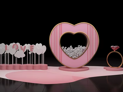 Romantic Heart Shaped Decoration With I LOVE Letters White Beads Pink Base And Diamond Ring 3d model