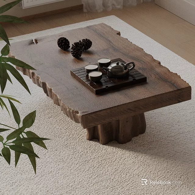 Natural Style Sofa and Coffee Table Set with Tea Set Pine Cones Green Plant Decor 3d model 