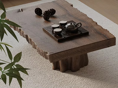 Natural Style Sofa and Coffee Table Set with Tea Set Pine Cones Green Plant Decor 3d model