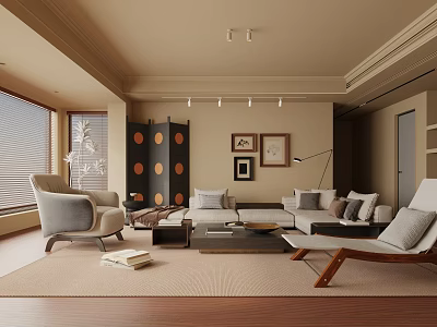 Modern Living Room Interior Design With Sofa Armchair Coffee Table Framed Art And Decorative Screen 3d model