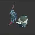 Red Feathered Armored Character And Egg Shaped Creature With Green Shell And Yellow Horns