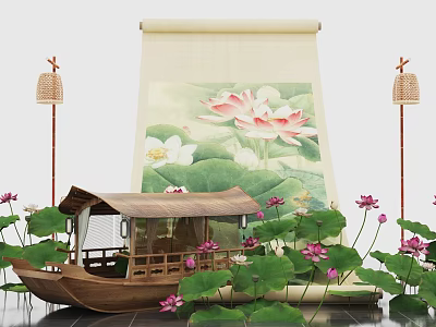 New Chinese Scroll Painting and Calligraphy Beautiful Lotus Leaf Device Boat Chinese Style Cyber Celebrous Pin-Card Lotus Culture Beautiful Lotus 3d model