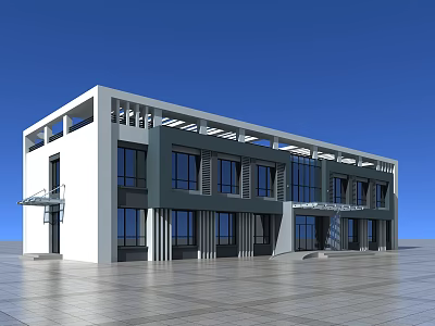 Modern Office Building Exterior With Large Glass Windows White Dark Facade And Sunshade Grille 3d model