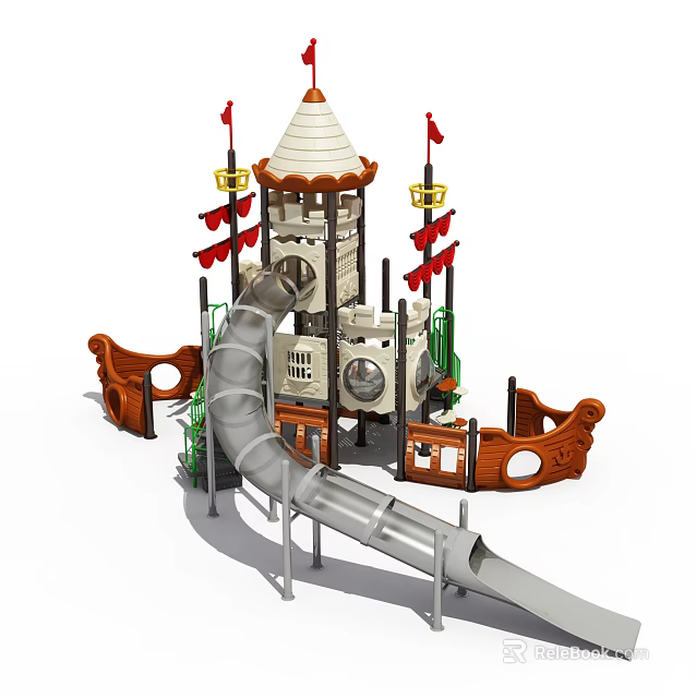 Kindergarten Castle Themed Playground With Slide Flags And Ship Shaped Elements 3d model