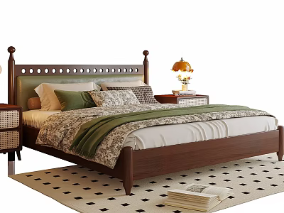 Classic Wooden Double Bed With Headboard Pillows Blanket And Checkered Rug 3d model