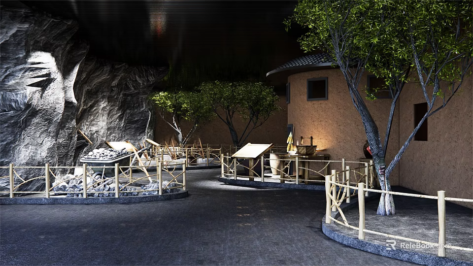 Traditional Cultural Center Exterior With Natural Trees Stone Landscape And Display Facilities 3d model 
