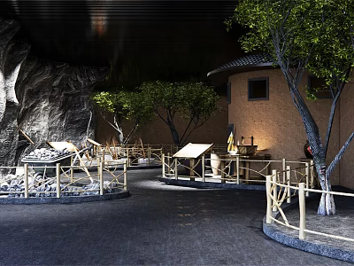 Traditional Cultural Center Exterior With Natural Trees Stone Landscape And Display Facilities 3d model