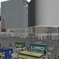 Modern Commercial Street With Glass Curtain Wall Buildings Outdoor Plaza Food Trucks And Pedestrians