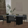 Modern Restaurant Interior With Glass Top Dining Table Black Chairs Window Blinds And Potted Plants