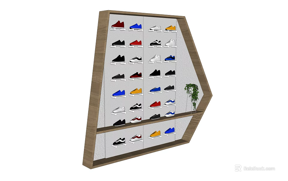 Polygonal Display Shelf With Colorful Shoes Storage And Small Green Plant 3d model 