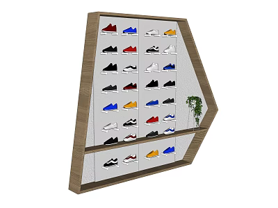 Polygonal Display Shelf With Colorful Shoes Storage And Small Green Plant 3d model