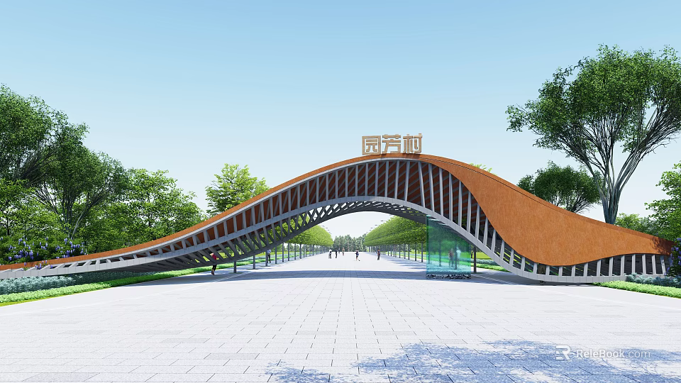 Curved Wooden Entrance Gate with Inscribed Top Surrounded by Trees and Open Square 3d model 