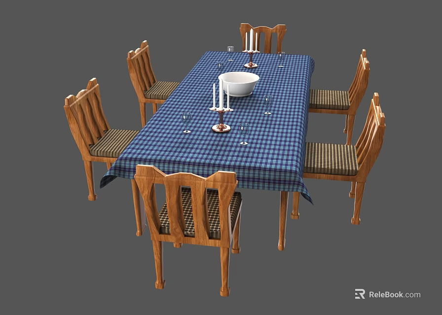 Dining Table Set Blue Checkered Tablecloth With White Bowl Candles And Wooden Chairs Striped Seats 3d model 