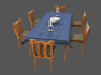 Dining Table Set Blue Checkered Tablecloth With White Bowl Candles And Wooden Chairs Striped Seats 3d model