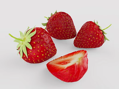 Fresh Red Juicy Strawberries With Green Leaves Yellow Seeds And Sliced Piece 3d model