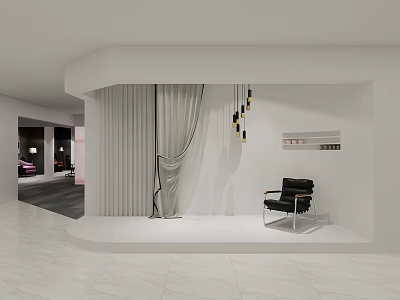 Modern Interior Display Area Featuring White Curved Wall Gray Curtains Black Armchair And Pendant Lights 3d model