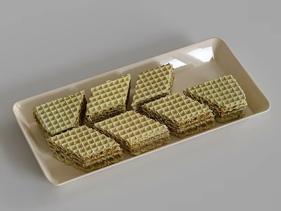 Delicious Golden Square Waffles With Grid Pattern On Rectangular Plate 3d model