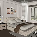 Luxury Modern Bedroom With White Tufted Bed Chandelier Wall Art Floor to Ceiling Windows Green Plant Area Rug