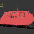 Wooden Boat Model with Orange White Hull on Coastal Display Base and Sand Water Elements