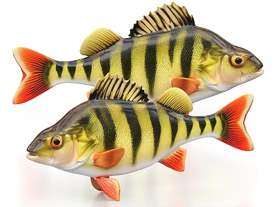 Two Striped Aquatic Fish with Yellow Black Patterns Orange Fins and Tails 3d model