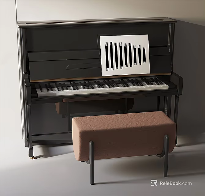 Black Piano and Art Supplies in Interior Design with Brown Bench and White Striped Tool 3d model 