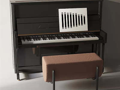 Black Piano and Art Supplies in Interior Design with Brown Bench and White Striped Tool 3d model