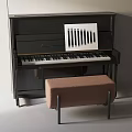 Black Piano and Art Supplies in Interior Design with Brown Bench and White Striped Tool