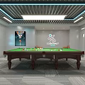 Modern Billiard Room Interior with Green Felt Table Framed Pictures Orange Sofa and Potted Plant