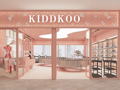 KIDDKOO Pink Beauty Hair Salon With Butterfly Decor Glass Doors And Display Workstations 3d model