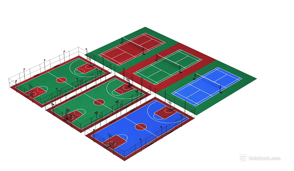 Multi Colored Sport Courts With Green Red Blue Surfaces Basketball Volleyball Fields Layout Design 3d model 