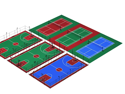 Multi Colored Sport Courts With Green Red Blue Surfaces Basketball Volleyball Fields Layout Design 3d model