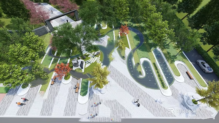 Beautiful Park Landscape With Winding Paths Lush Trees Water Features Benches And People Walking 3d model 