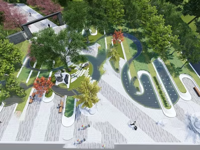 Beautiful Park Landscape With Winding Paths Lush Trees Water Features Benches And People Walking 3d model