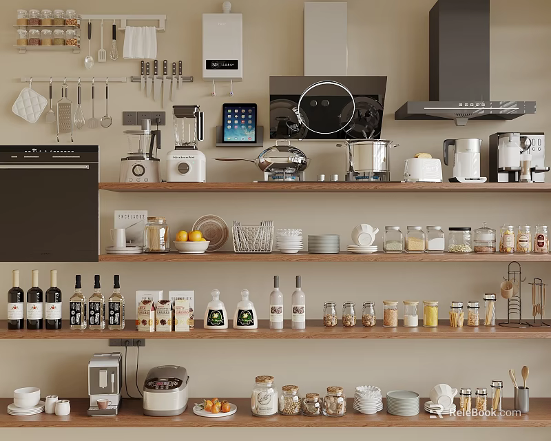 Organized Modern Kitchen Interior With Various Appliances And Storage Shelves 3d model 