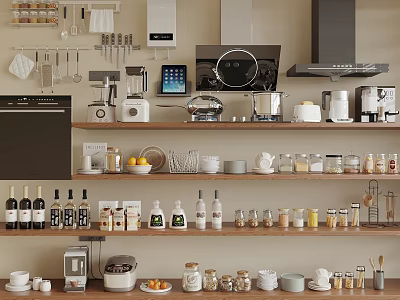 Organized Modern Kitchen Interior With Various Appliances And Storage Shelves 3d model