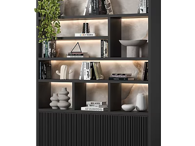 Black Layered Display Cabinet With Lighting Books Green Plant And Decorative Sculptures 3d model
