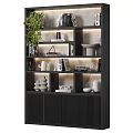 Black Layered Display Cabinet With Lighting Books Green Plant And Decorative Sculptures