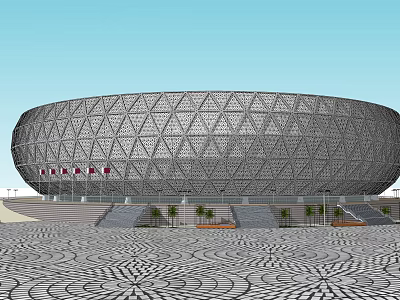 Qatar Circular Stadium With Geometric Pattern Exterior Steps Palm Trees And Patterned Ground 3d model