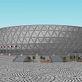 Qatar Circular Stadium With Geometric Pattern Exterior Steps Palm Trees And Patterned Ground