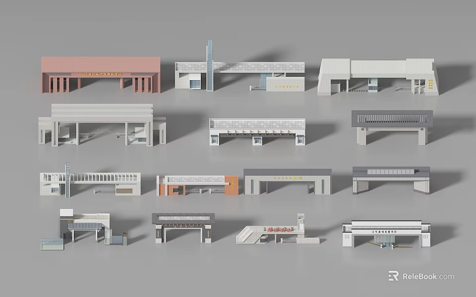 Different Design Styles Entrance Gates Models Featuring Various Architectural Details 3d model