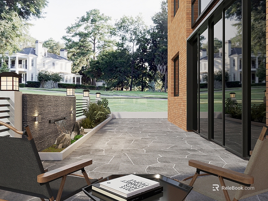Modern Courtyard Garden With Outdoor Seating Stone Patio Brick Wall And Lush Greenery 3d model 