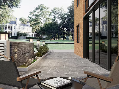 Modern Courtyard Garden With Outdoor Seating Stone Patio Brick Wall And Lush Greenery 3d model