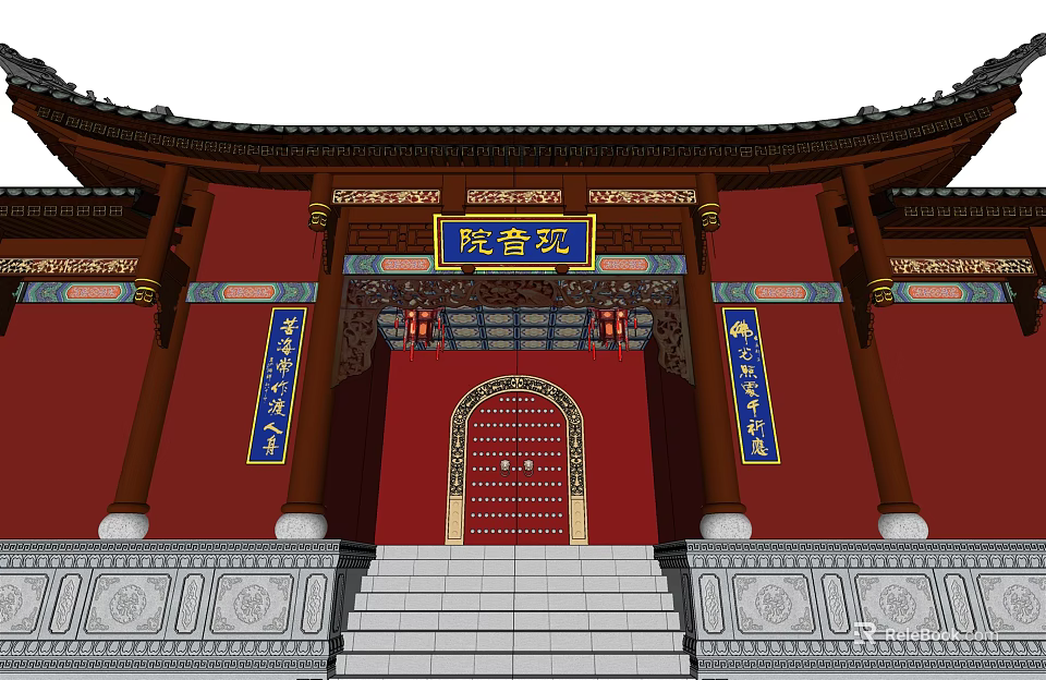 Traditional Chinese Ancient Architecture With Red Walls Yellow Roof And Stone Steps 3d model 