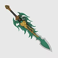 Artistic Sculpted Sword Featuring Green And Gold Dragon Design Ornate Hilt Detailed Carving