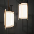Two Chinese Style Rectangular Chandeliers With White Shades And Wooden Frames Against Gray Background
