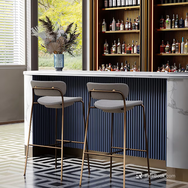 Elegant Bar Area With Marble Countertop Gray Stools Gold Metal Legs And Wine Cabinets 3d model 