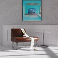 Elegant Household Items Brown Leather Sofa With White Gold Blanket Metal Side Table Glass Cup